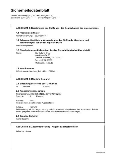 Sicherheitsdatenblatt - Otto Oehme GmbH