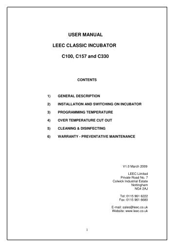 USER MANUAL LEEC CLASSIC INCUBATOR ... - Wolf Laboratories