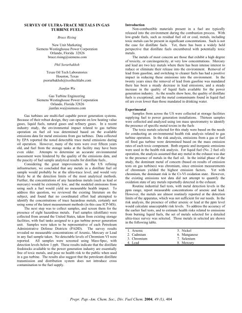 Survey of Ultra-Trace Metals in Gas Turbine Fuels