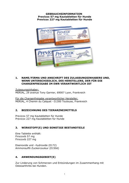 GEBRAUCHSINFORMATION Previcox 57 mg Kautabletten ... - Merial