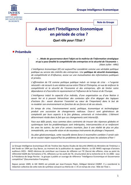 A quoi sert l'Intelligence Economique en période ... - Claude Rochet