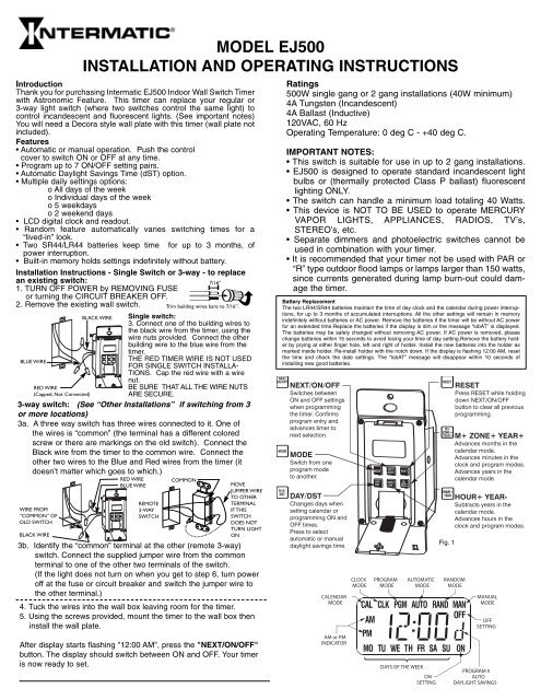 Model Ej500 Installation And Operating, Old Intermatic Outdoor Timer Instructions