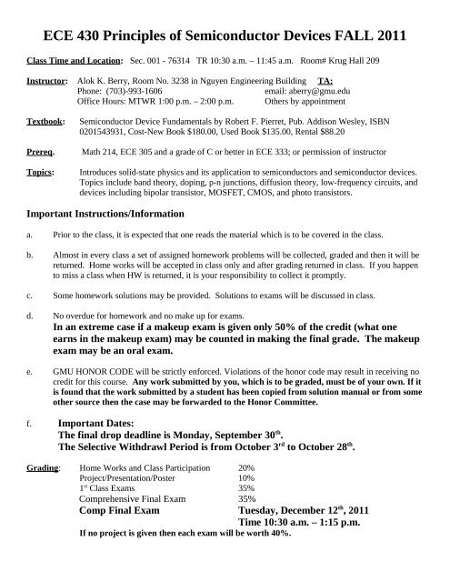 ECE 430 Principles of Semiconductor Devices FALL 2011