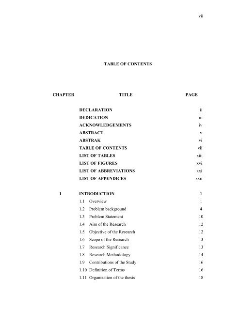 vii TABLE OF CONTENTS CHAPTER TITLE PAGE DECLARATION ii ...