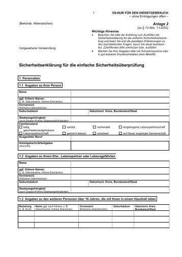 Sicherheitserklärung für die einfache Sicherheitsprüfung - Juris