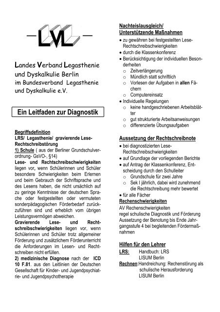 Leitfaden zur Diagnostik von Legasthenie und Dyskalkulie