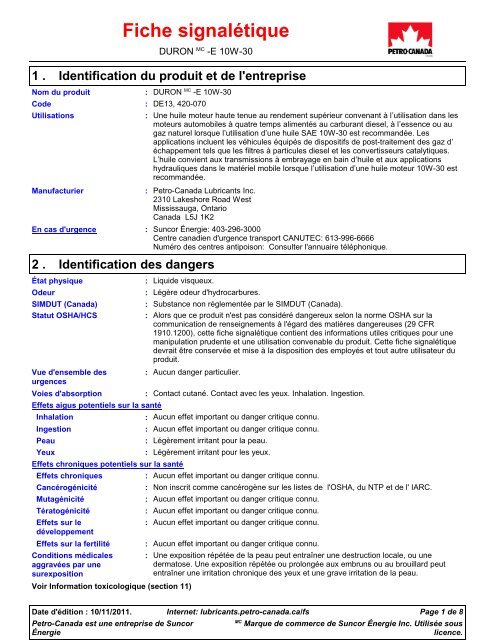 Fiche signalétique - Petro-Canada