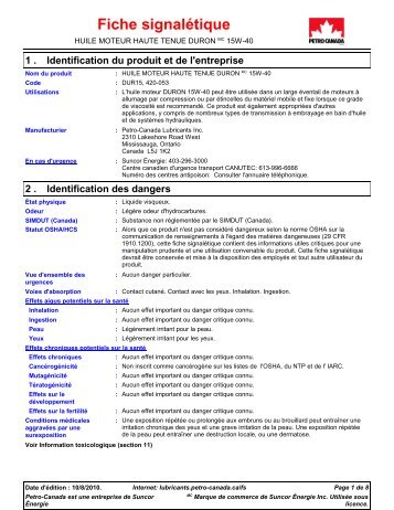 Fiche signalétique - Petro-Canada
