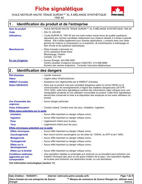 Fiche signalétique - Petro-Canada