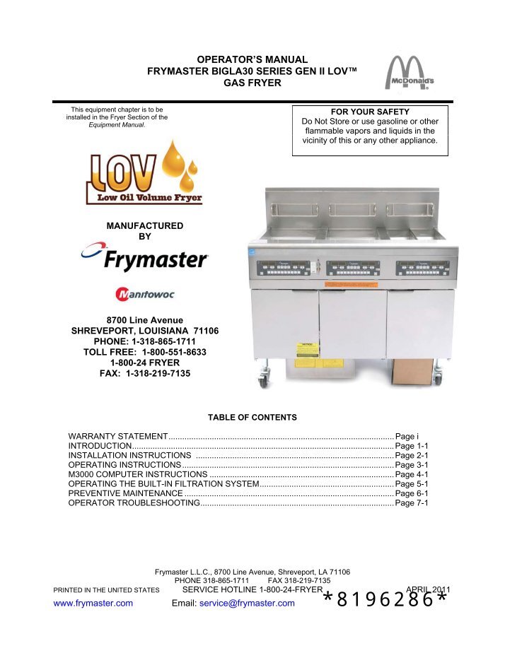 35 Series Gas Fryers Service & Parts Manual Frymaster