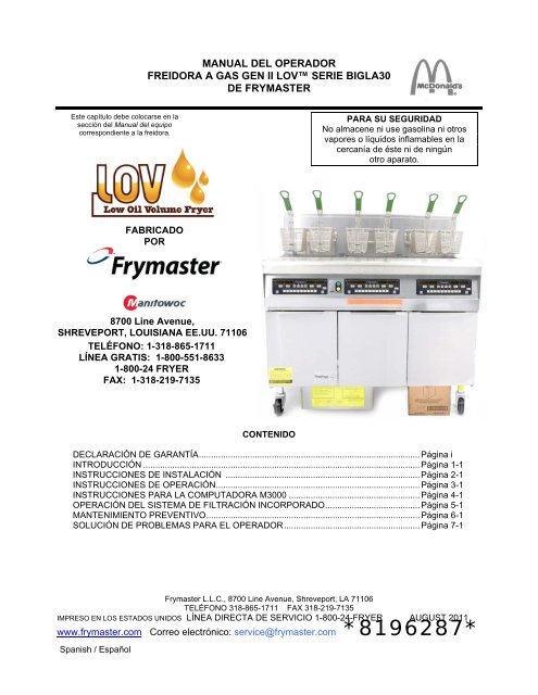 manual del operador freidora a gas gen ii lov™ serie ... - Frymaster