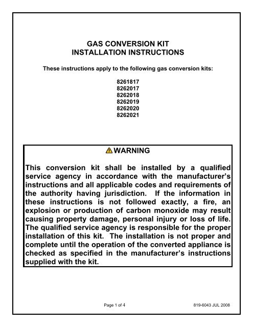 gas conversion kit installation instructions - Frymaster