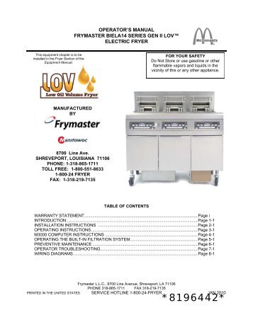 biela14 series gen ii lov™ electric fryer chapter 1 - Frymaster