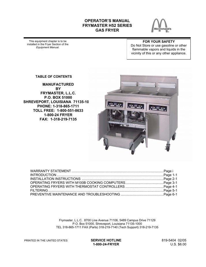 35 Series Gas Fryers Service & Parts Manual Frymaster