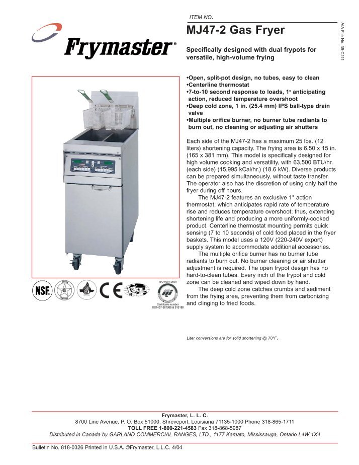 35 Series Gas Fryers Service & Parts Manual Frymaster
