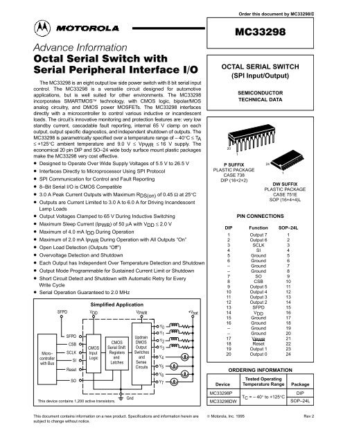 MC33298 Octal Serial Switch with Serial Peripheral Interface I/O