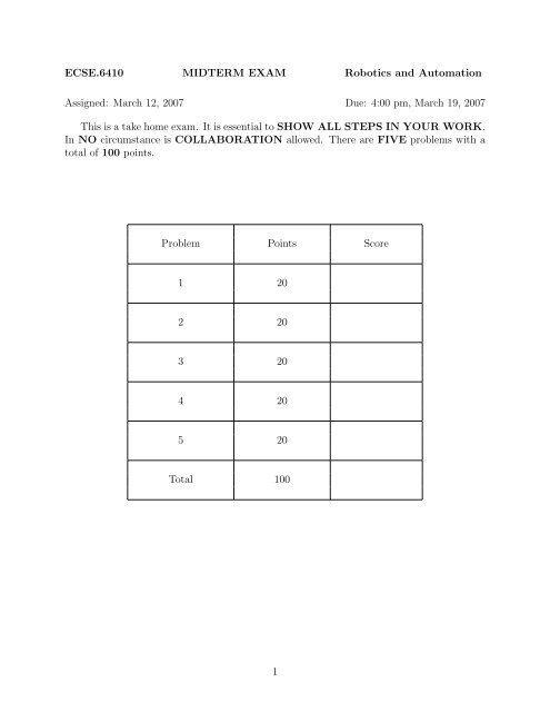 ECSE.6410 MIDTERM EXAM Robotics and Automation Assigned ...