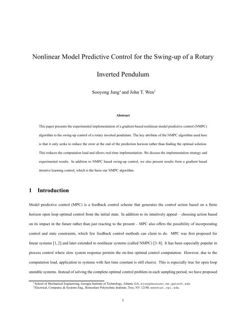 Nonlinear Model Predictive Control for the Swing-up of a Rotary ...