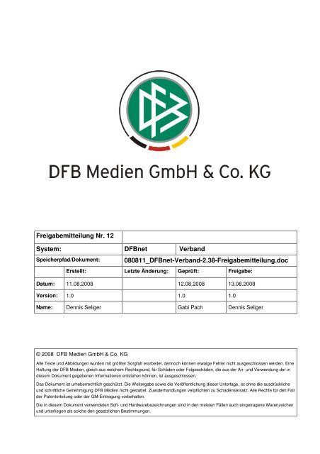 Freigabemitteilung Nr. 12 Verbandsverwaltung 2.38 - DFBnet