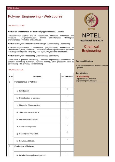 Polymer Engineering - Web course Chemical Engineering - nptel