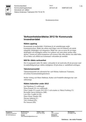 Verksamhetsberättelse 2012 för Kommunala invandrarrådet