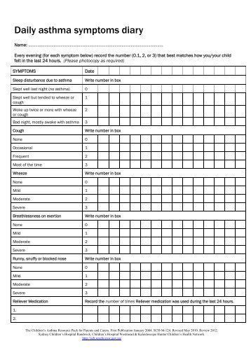 Daily asthma symptoms diary - Kids Health @ CHW