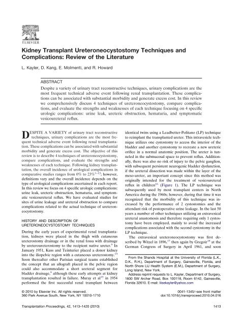 Kidney Transplant Ureteroneocystostomy Techniques and ...