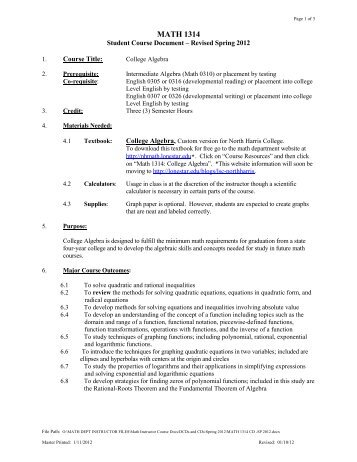 Math 1314 College Algebra Problems and Answers - NHC Math ... Math 1314 College Algebra Problems and Answers - NHC Math ...