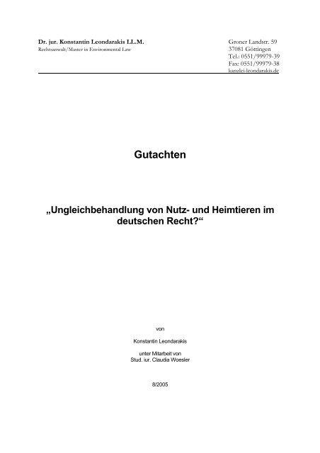 Gutachten âUngleichbehandlung von Nutz- und Heimtieren im ...