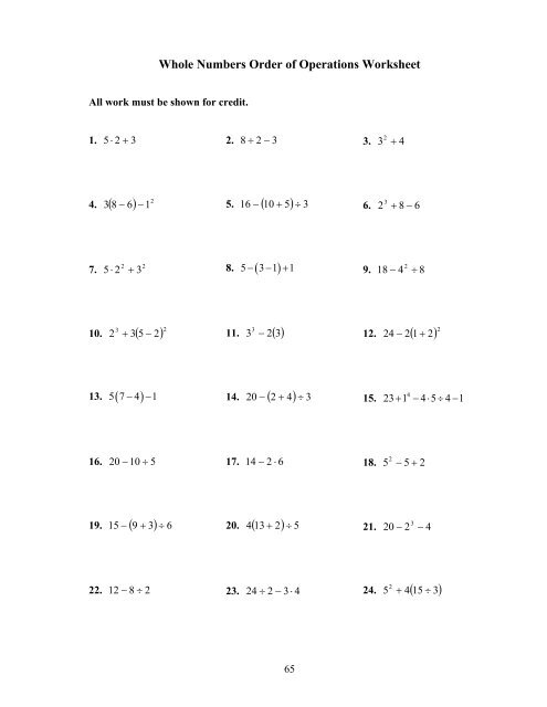 whole numbers order of operations worksheet