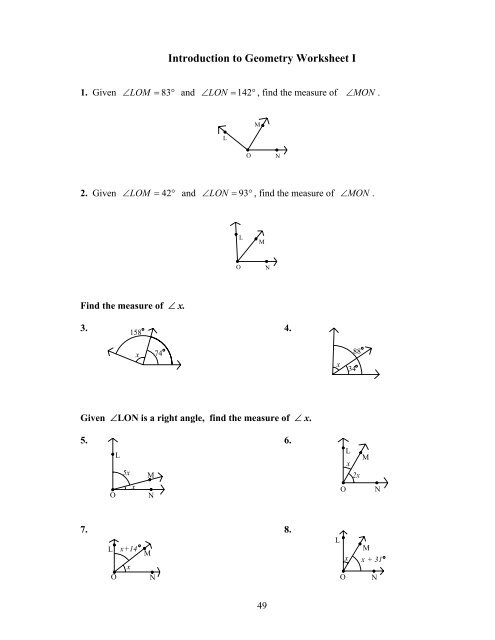 Introduction to Geometry Worksheet I
