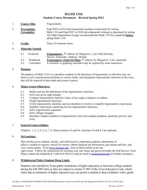 MATH 1316 - NHC Math Department - Lone Star College System