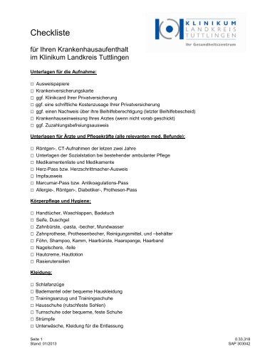 Checkliste Krankenhausaufenthalt - Klinikum Landkreis Tuttlingen