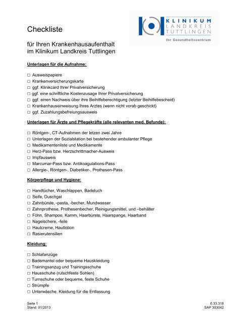 Checkliste Krankenhausaufenthalt - Klinikum Landkreis Tuttlingen