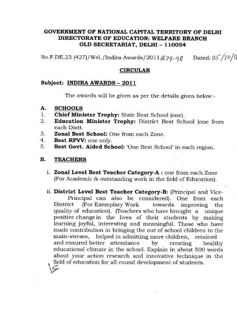 Indira Award – 2011 - Directorate of Education