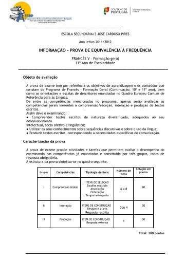 Francês Escrita - Escola Secundária/3 José Cardoso Pires