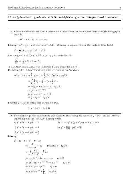 12. Aufgabenblatt: gewöhnliche Differentialgleichungen und ...