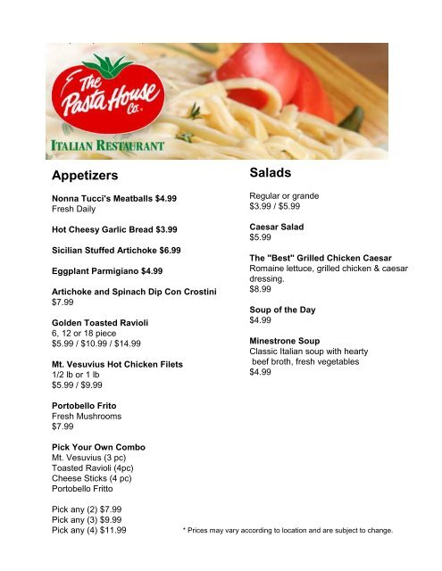 The pasta house menu deals