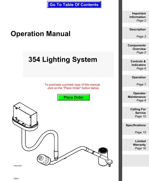 Operation Manual 354 Lighting System - Medical Equipment Pros