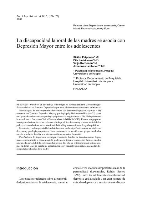 La discapacidad lab o ral de las madres se asocia con D ep resión ...