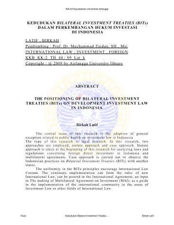 KEDUDUKAN BILATERAL INVESTMENT TREATIES (BITs) DALAM ...