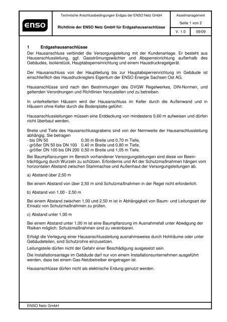 Richtlinie der ENSO Netz GmbH für Erdgashausanschlüsse 090902