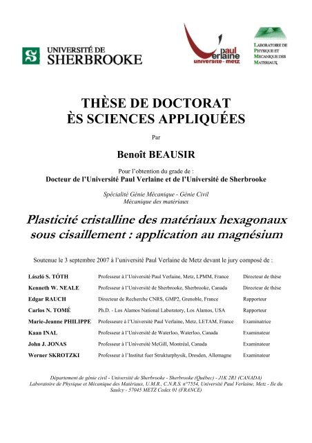 Plasticité cristalline des matériaux hexagonaux ... - Benoît Beausir