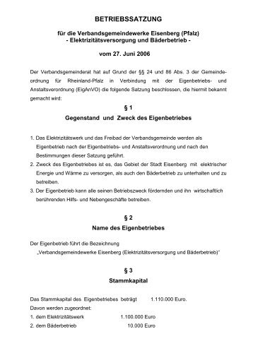 Betriebssatzung für die Verbandsgemeindewerke Eisenberg (Pfalz)