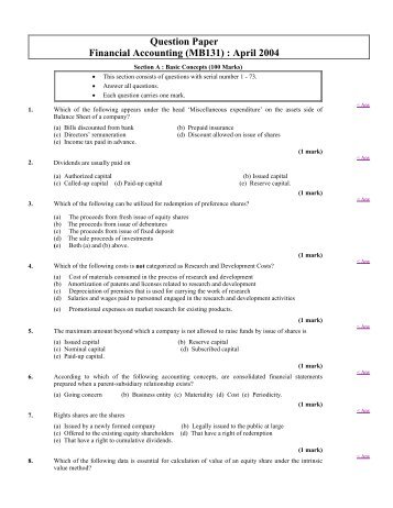 Question Paper Financial Accounting (MB131) : April 2004