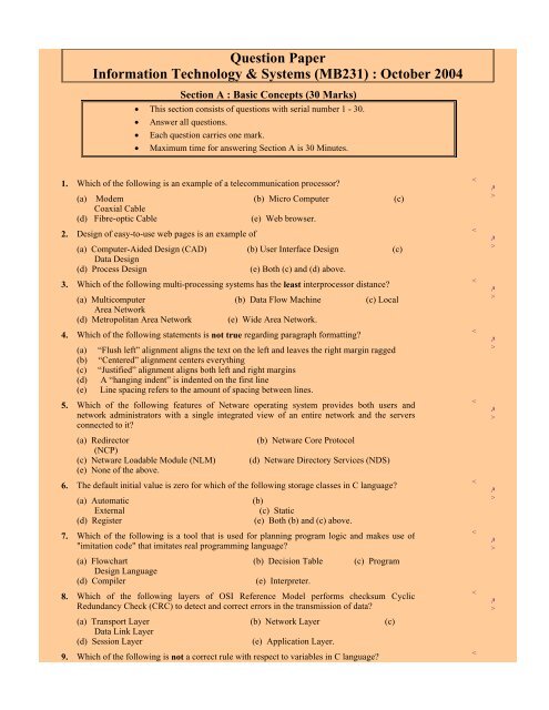 Question Paper Information Technology & Systems - Careergyaan.org