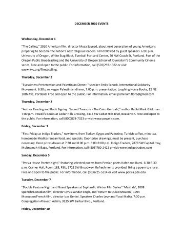 DECEMBER 2010 EVENTS Wednesday, December 1 "The Calling ...