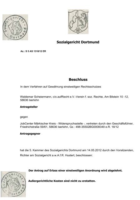 Sozialgericht Dortmund Beschluss - Beispielklagen