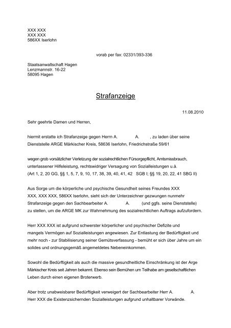 Anzeige Wegen Körperverletzung Obwohl Ich Nichts Gemacht Habe Strafanzeige wegen "unterlassener Hilfeleistung" - Beispielklagen