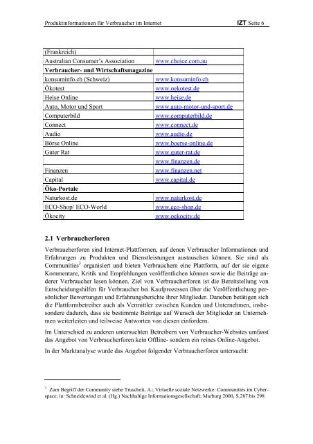 Produktinformationen für Verbraucher im Internet - IZT